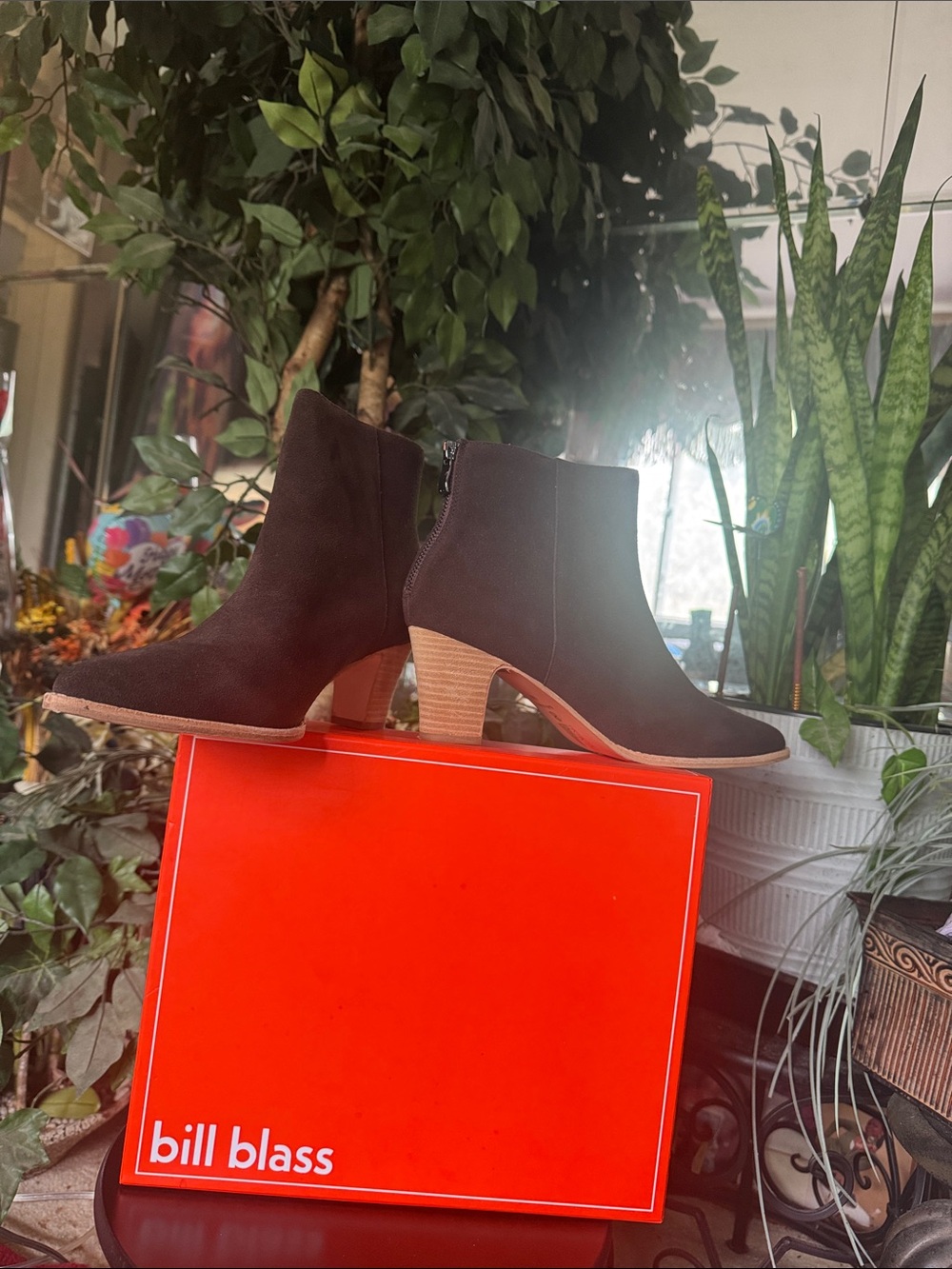bill blass Dark Brown Suede Ankle Booties with Stacked Heel
